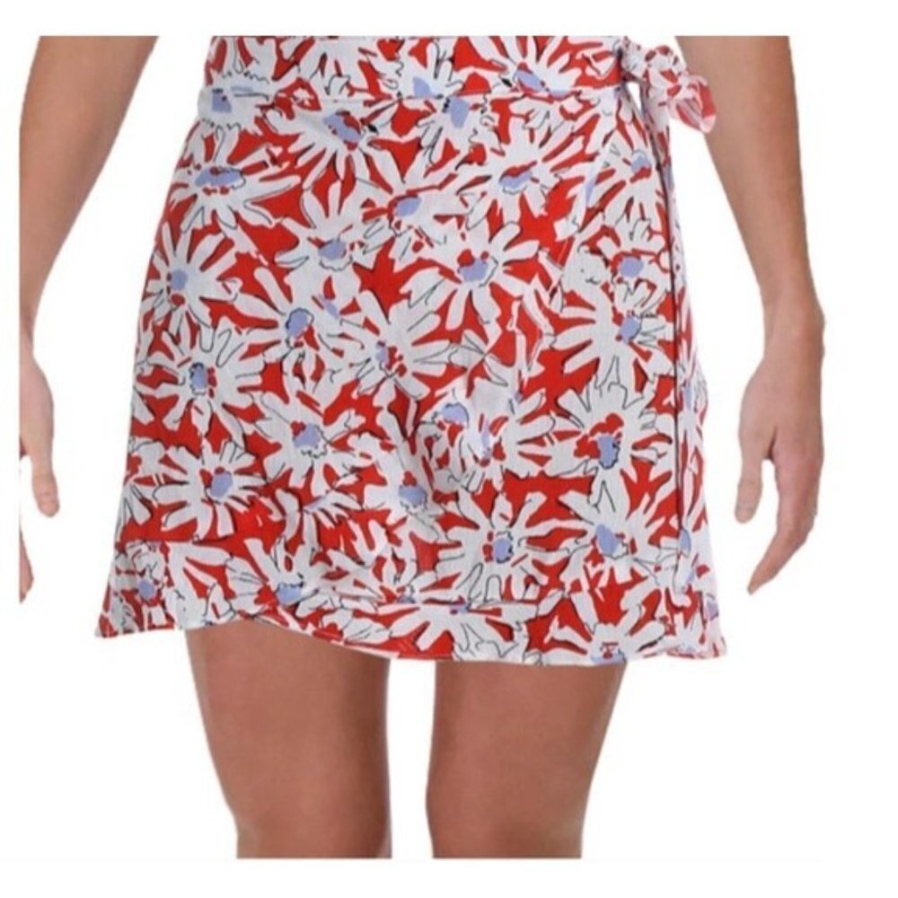 Aqua Womens Size Medium Floral‎ Print Wrap Mini Skirt in Red White 382